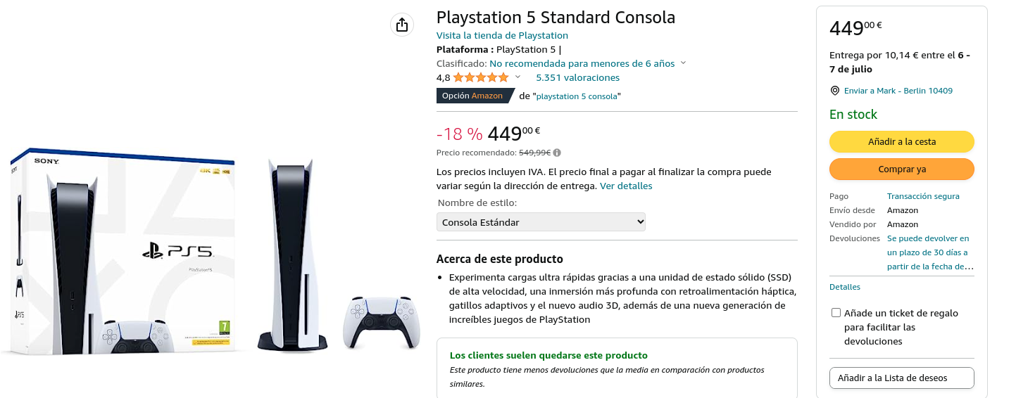 PS5 bei Amazon Spanien derzeit zum Bestpreis
